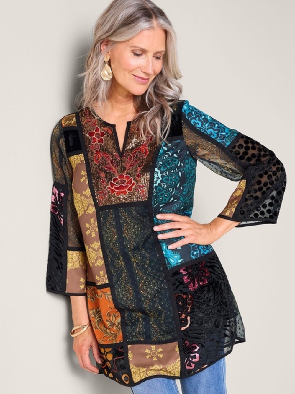 Soft Surroundings Adassa Patchwork Tunic Shirt Top, S
